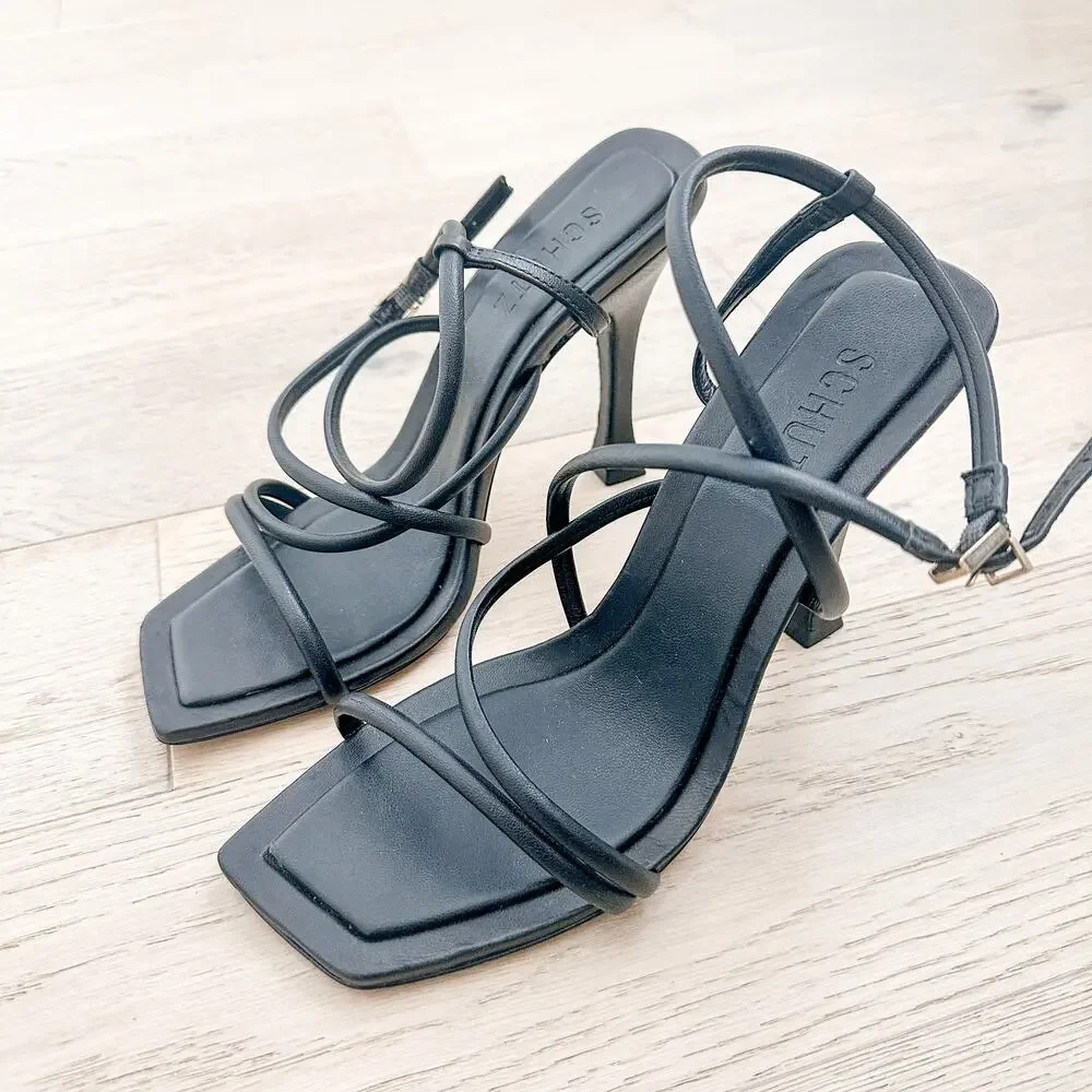 Schutz Lovi Strappy Leather Heel Sandals Black 9.5B Minimal 90s Party Glam Luxe‎ - Picture 3 of 11